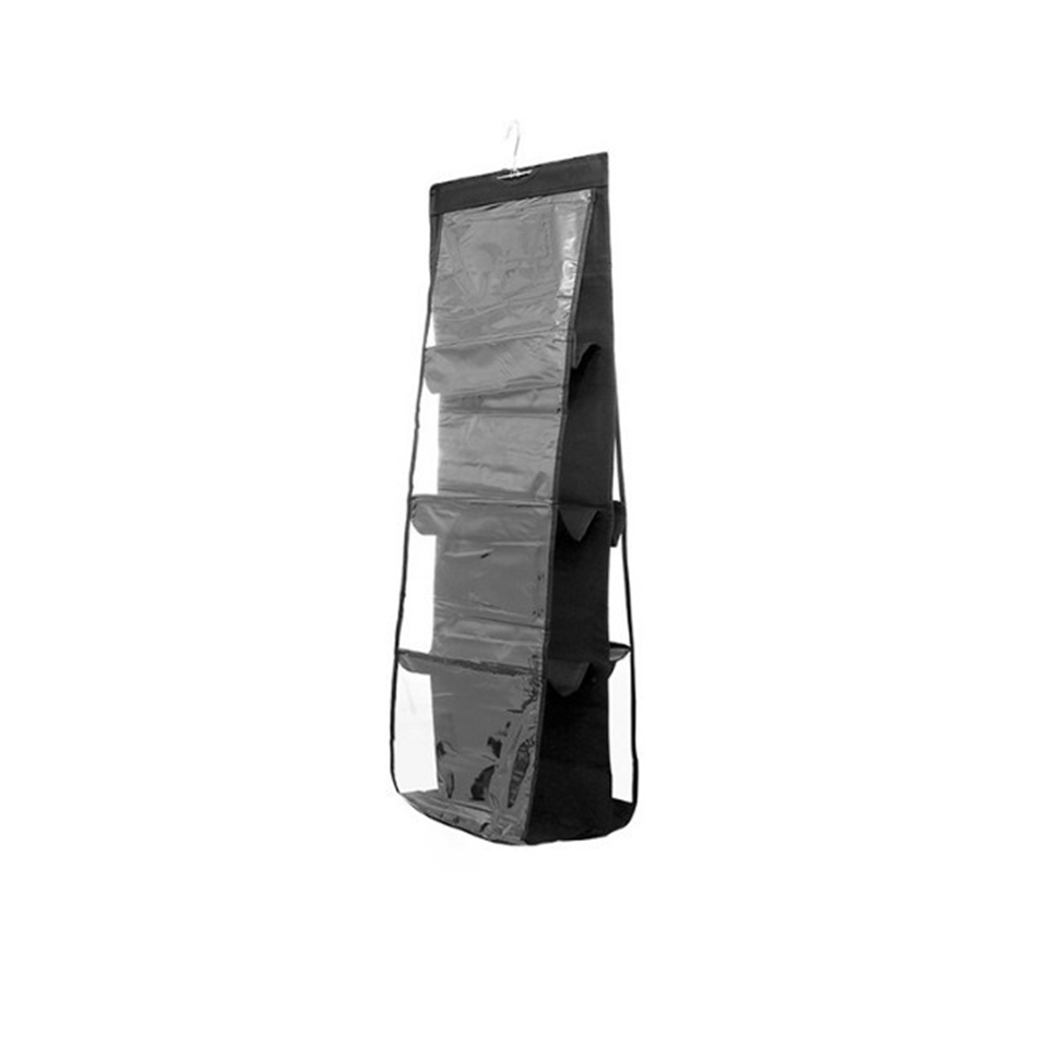 6/8 cells Transparent Hanging Bag Dual-Side Dust-Proof Wardrobe Closet Leather Bag Storage Sundry Shoe Underwear with Hanger: 8-cells-Black