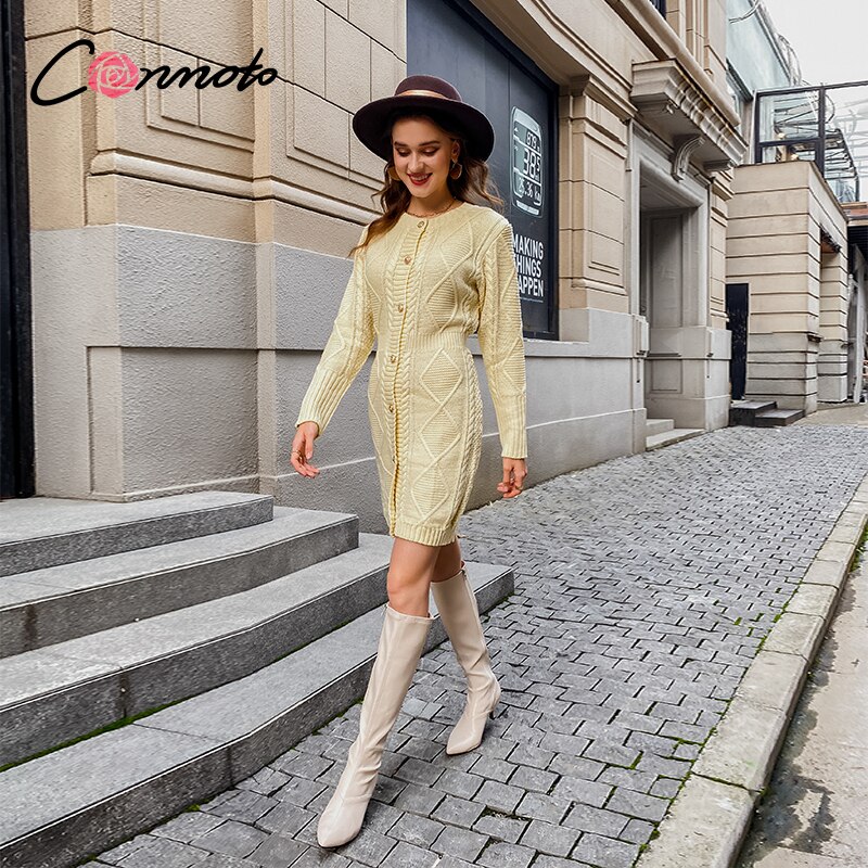 Conmoto Elegante Lichtgeel Gebreide Vrouwen Jurk Ronde Hals Lange Mouwen Jurk Herfst Winter Slanke Jurk Streetwear