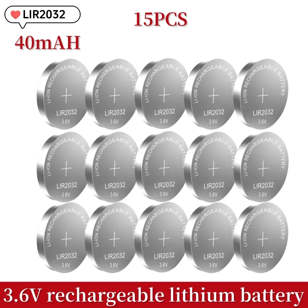 LIR2032 Rechargeable Lithium Battery 2032 charging Can Replace 3.6v 40mAH CR2032 for Watches Clock Calculator Coin Battery: WHITE