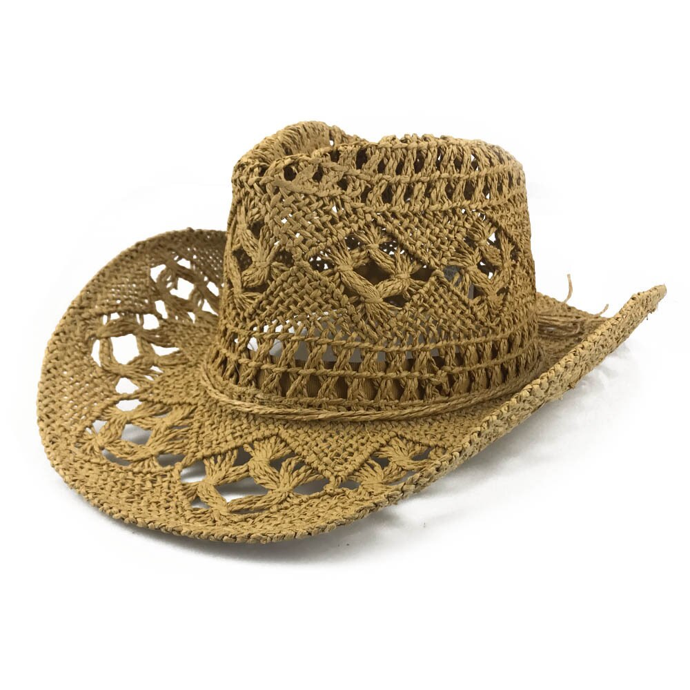 Summer Western Cowboy Straw Hollow Hat Hand Made Beach Felt Sunhats Party Cap Casual Panama Cowgirl Jazz Sun Hat: Khaki