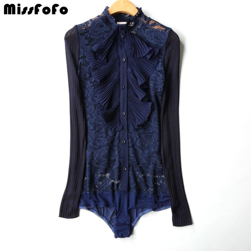 MissFoFo Autumn Blouse Royal Lotus Lace Collar Chiffon Shirt Female Long Sleeve Spring Shirt Blue Size S-2XL