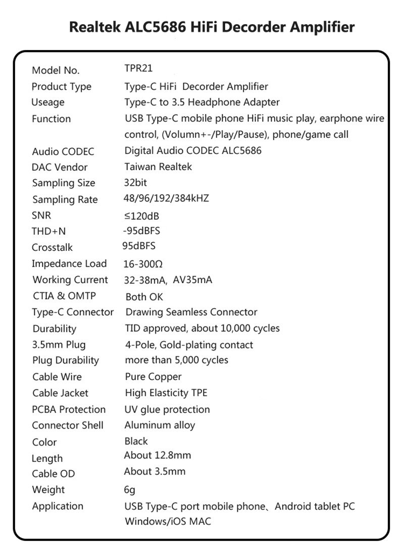 LXDAC DAC ALC5686/ES9280C USB C DAC Headphone Adapter 32bit386kHz Hifi DSD600ohm High Amplifier-Type C to 3.5mm Jack