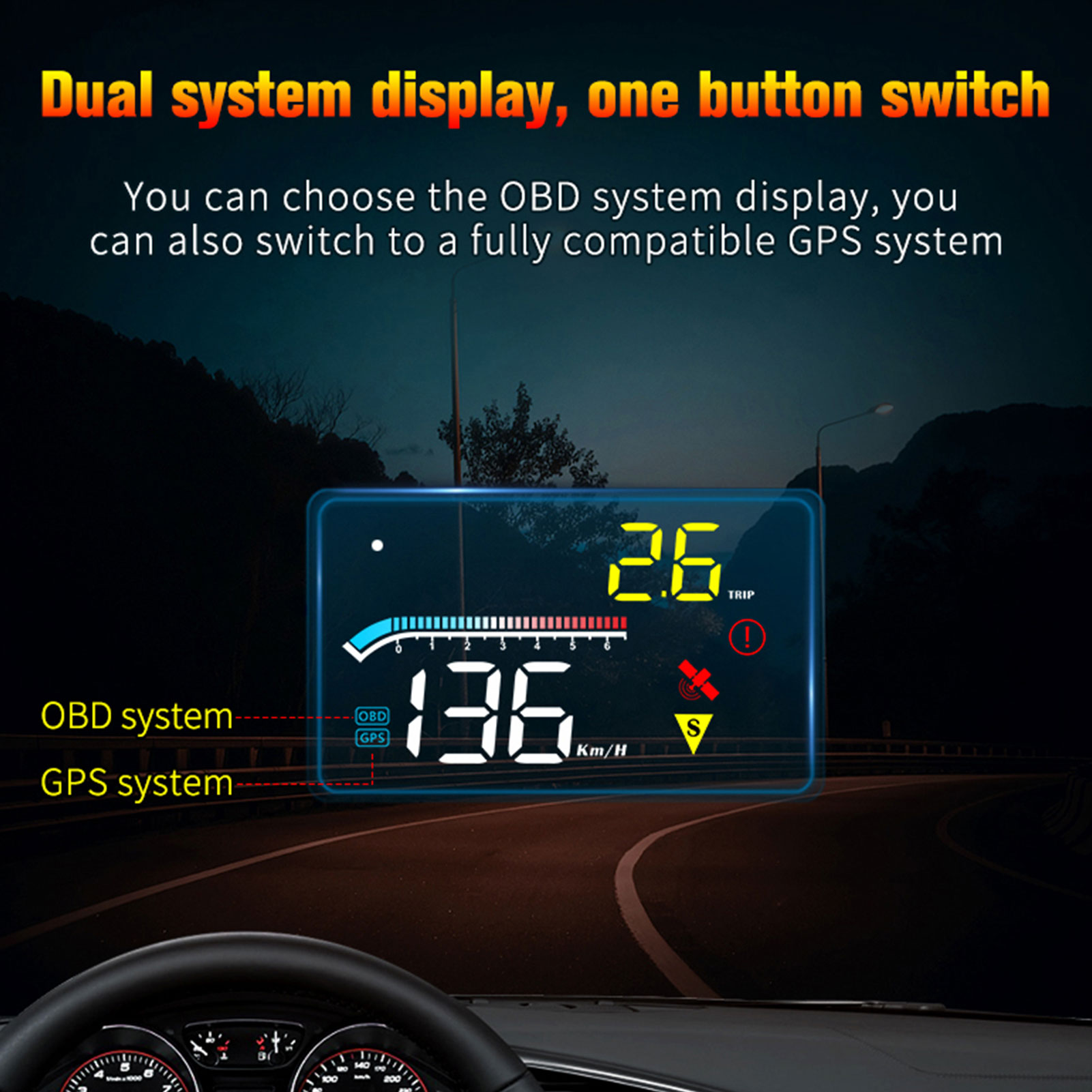 Car HUD Head-Up Display OBD+GPS Dual System Smart Gauge Driving Stopwatch Odometer Digital Meter HD Monitor Alarm System