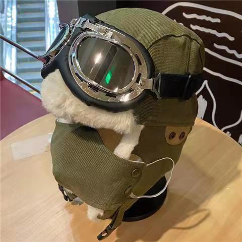 Ear Cap Mannen Bescherming Biking Skiën Koude Kleding Masker Bril Koperen Gesp Piloot Katoenen Hoed Verdikt Warm: Donkergrijs