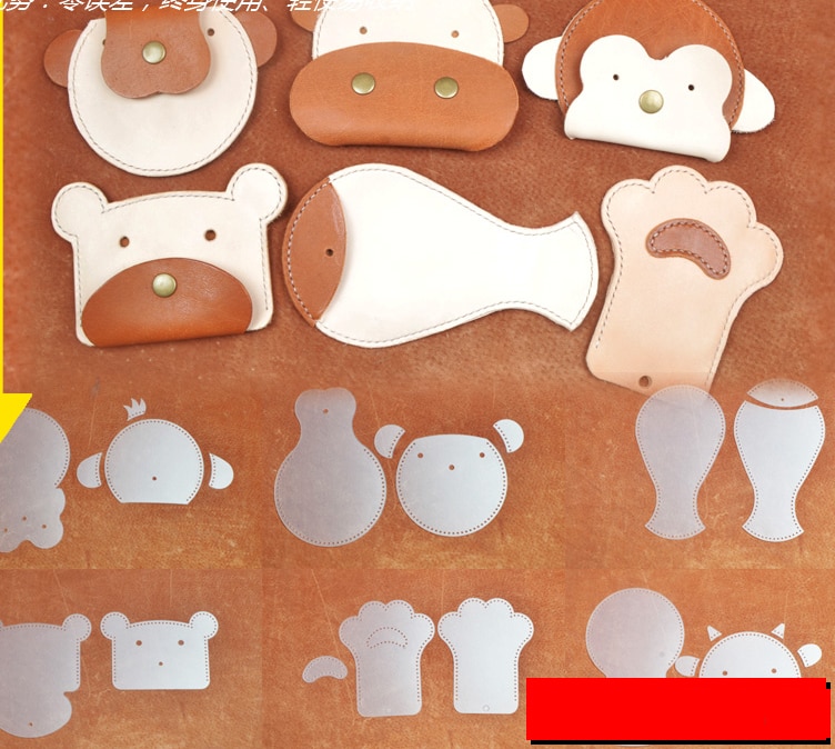 DIY leuke dier hoofd lederen kaarthouder portemonnee naaien patroon kinderen handgemaakte pvc template 6 sets/partij