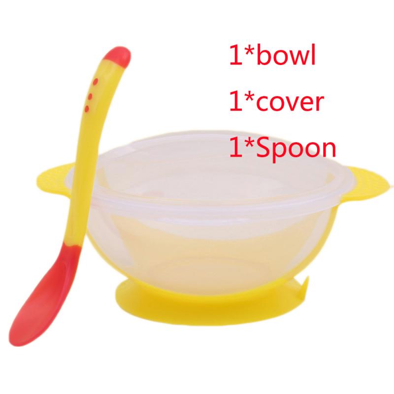 Baby Feeding Training Bowl Temperature Sensing Spoon Assist Suction Cup Tableware Set M: Yellow