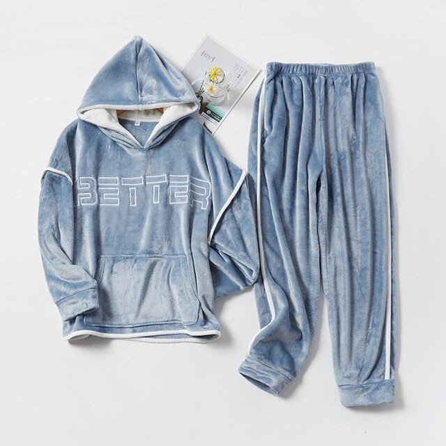Pijama de franela con capucha para hombre, conjunto de 2 unids/set/conjunto de ropa de dormir gruesa y cálida para parejas, trajes informales sueltos para el hogar: Blue / XL(70-80KG)