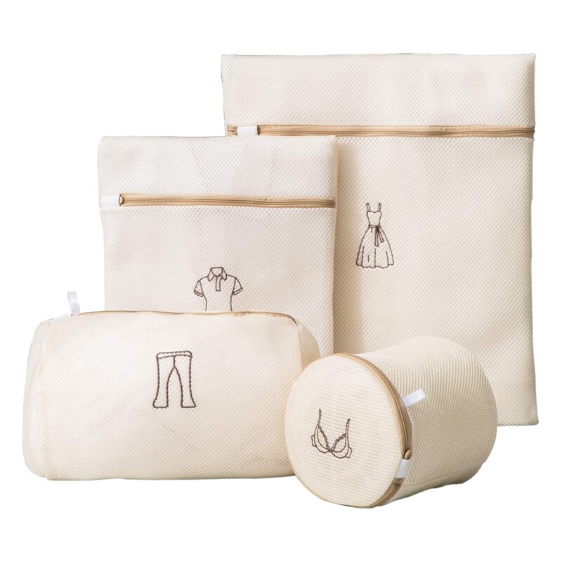 4 Pcs Mesh Waszakken, Reizen Kleding Opbergtas, Kledingstuk Wassen Tassen Voor Lingerie Beha, Blouse, jeans, Sokken: Beige
