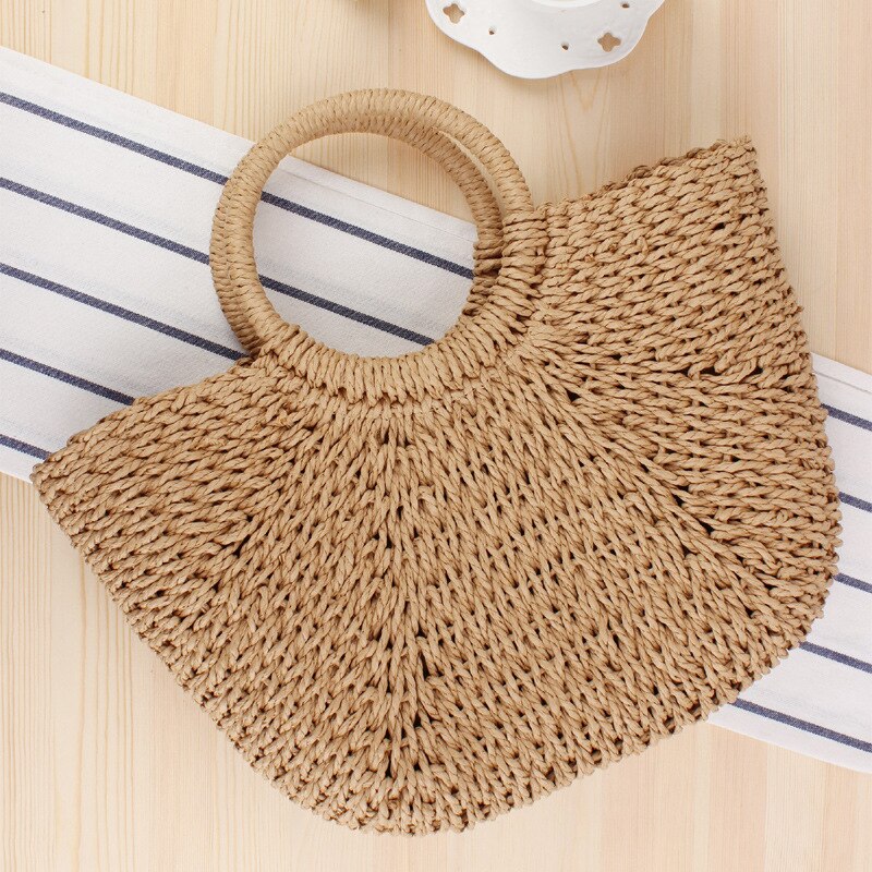 Bolso de paja sencillo para llevar a mano, tejido a mano, informal, de Color sólido, accesorios para fotos de Playa, Mini cesta, Maleta de verano: large camel