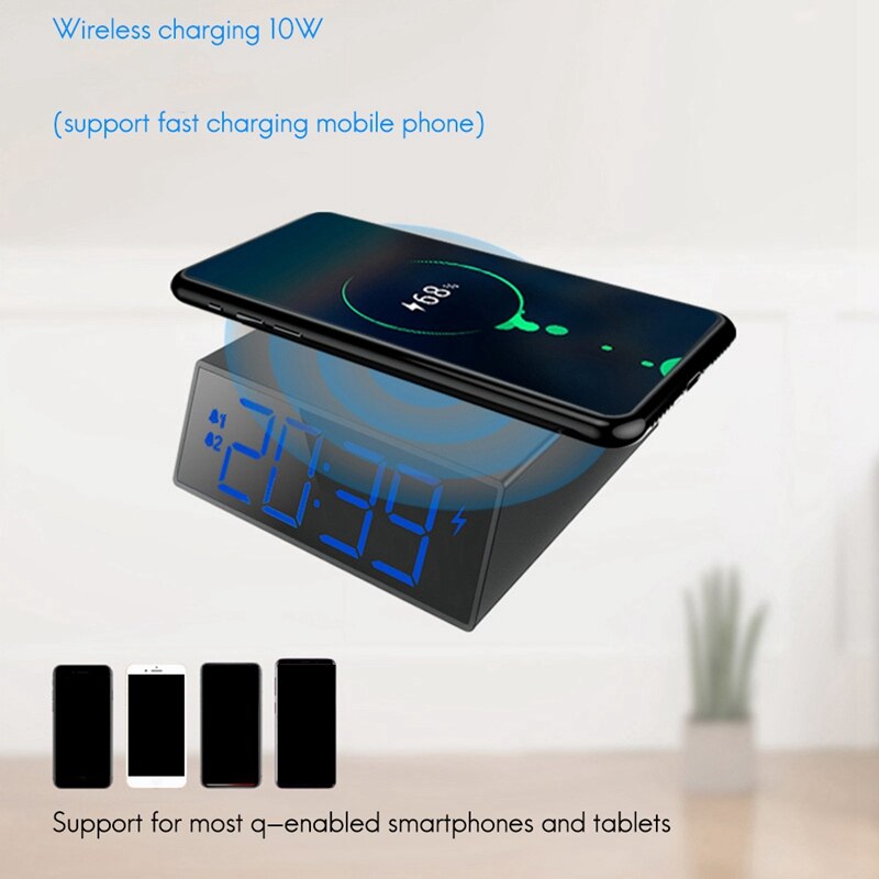 Digital Alarm Clock with Wireless Charger - Clear LED Display Snooze for Bedroom Office Travel, for iPhone Samsung
