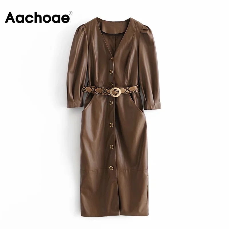 Aachoae Streetwear Bruine kleur Pu lederen jurk Dames V-hals chique midi-jurk met riem Pofmouwen Stijlvolle rechte damesjurken