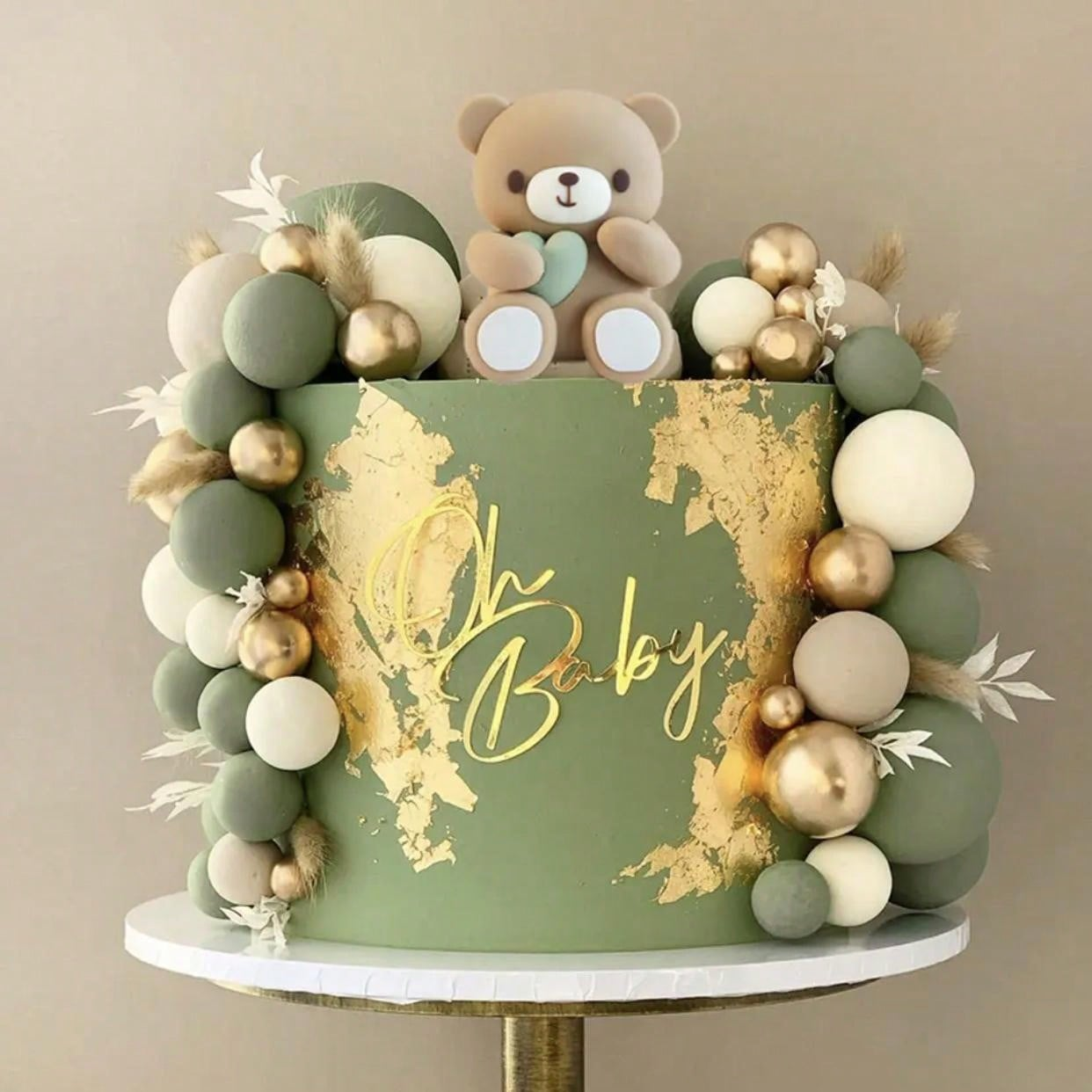 10pcs Sage Green Brown Cake Topper Gold Foam Balls DIY Insert Cake Decoration for Baby Shower Birthday Party Cake Decorationion