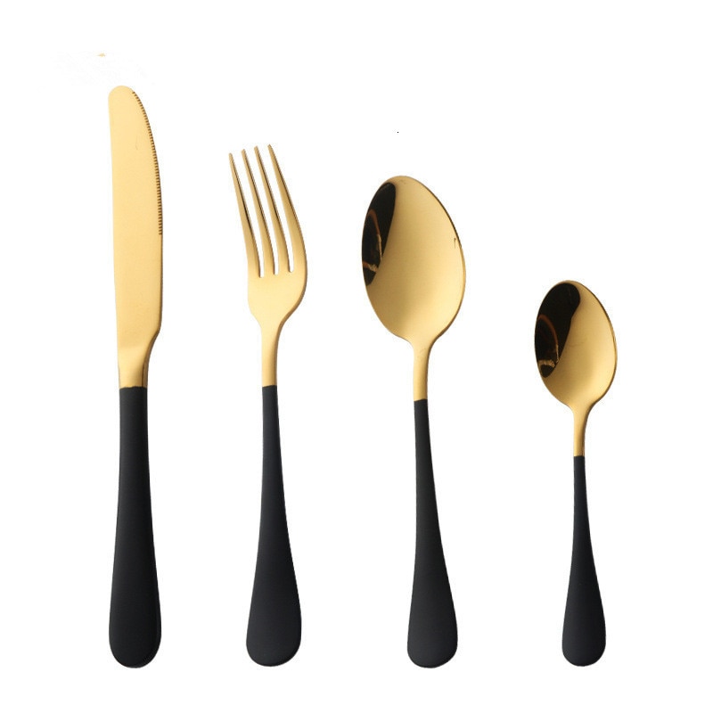 Black Gold Cutlery Set 18/10 Stainless Steel Fork Spoon Knife Set Mirror Tableware Set Portable Kitchen Spoon Silverware Set