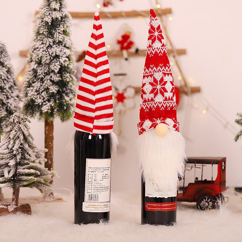 Vinflaske dække jul santa gnome vin champagne flaske dække cap fest middag strikket stof dekoration