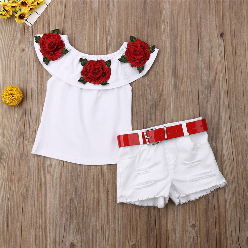 Kids Clothes Girls Rose Flower Off Shoulder Tops+Denim Shorts Baby Girl Summer Outfits Toddler 2PCS Clothes