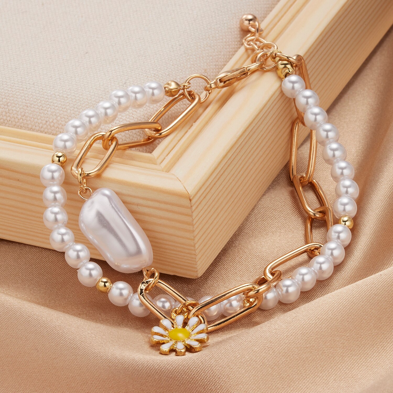 Pulsera geométrica hueca de oro para mujer, cadena de eslabones con diamantes de imitación, corazón redondo, Margarita, de joyería, 1 unidad: BR21Y0137-2