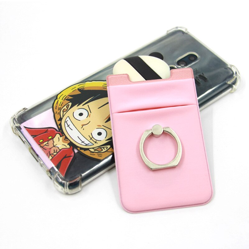 3-en-1 adhésif autocollant téléphone dos cartes Spandex anneau portefeuille téléphone portable porte-carte d'identité poignée de doigt béquille double poche #50: Pink