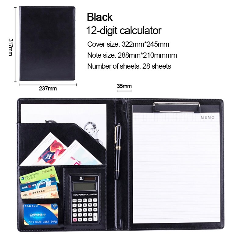 Office Supplies Business Style Leather Document Folder with 30-pages A4 Note Pad &amp; Calculator