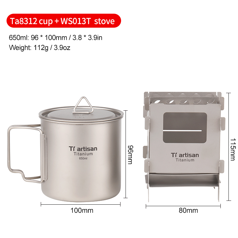 Tiartisan titan eller rostfritt bbq vedeldad spis utomhus vik spis spis ultralätt ryggsäck spis: Spis med mugg (650m)