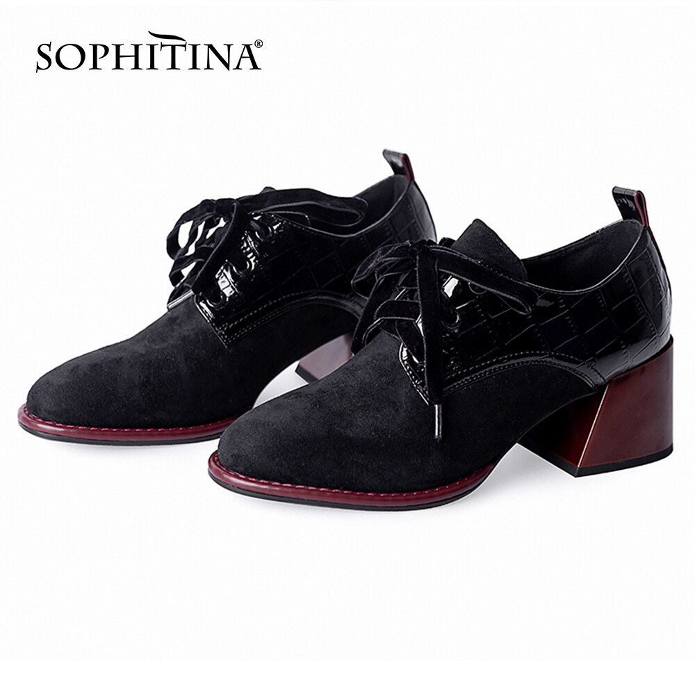 Sophitina kortfattet damepumps spring rund tå tykke hæle kontor karriere pumps snøre sorte sko kvinder  by241