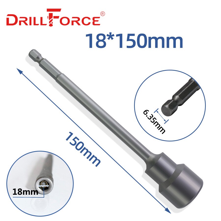 Drillforce 5.5-19x150mm Magnetic Nut Driver Set Impact Socket Sleeve Adapter Screwdriver Drill Bit 1/4" Quick Change Hex Shank: 18x150mm