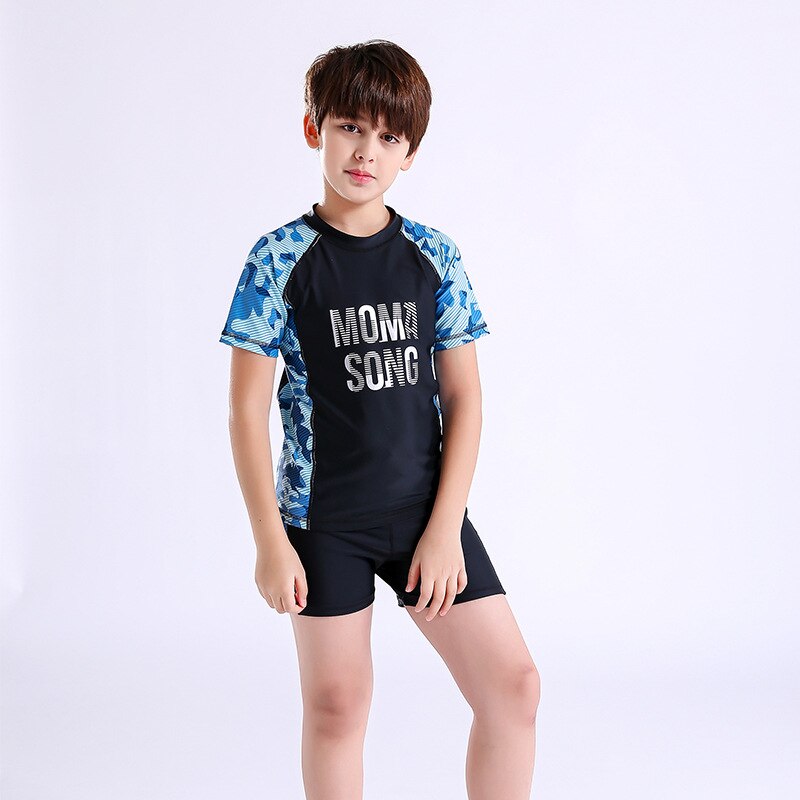 Nylon 8-16 Years Kids Swimwear Boy Swimming Suit Swimsuit Beach Wear Short Sleeve Bathing Suit Boy Swim 2 Pieces Suit Sportswear: Black / 10