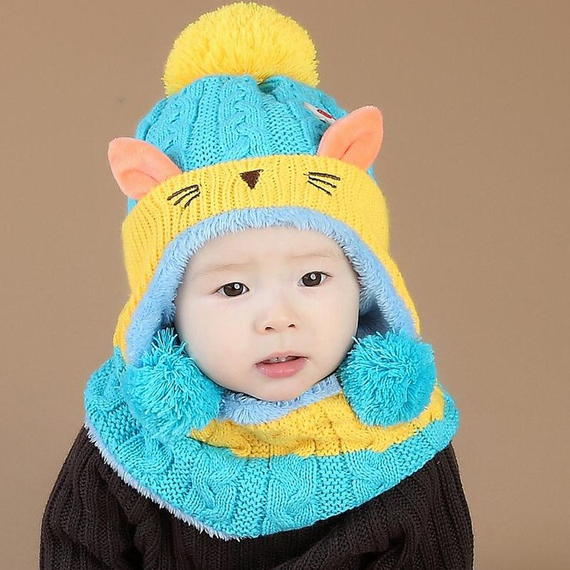 Doitbest 1 to 4 år gammel tegneserie killing fløjl uld børn drenge beanies strikkede pelshatte vinter 2 stk baby pige tørklæde hat sæt