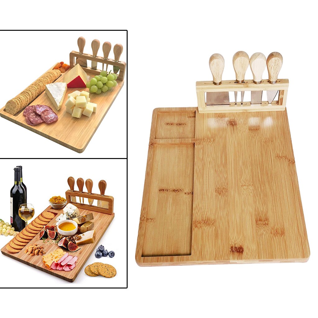 SMIRLY Kaasplank en messenset: Grote Charcuterie Board Set, Kaasschotel, Bamboe Kaasplank met Bestek Set, Kaaslade, Houten Kaasplank Set, Kaasplank Set