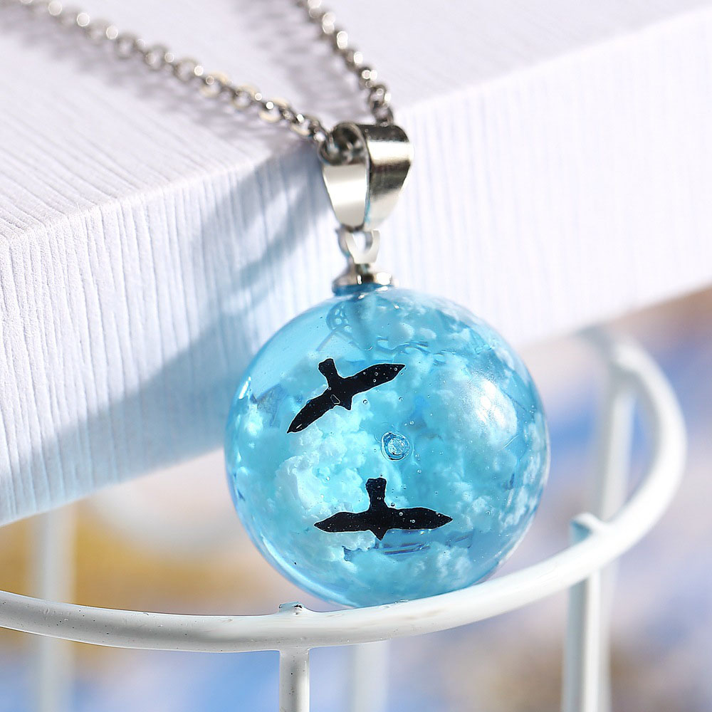 Yobest Transparent Resin Round Ball Pendant Necklace Women Blue Sky White Cloud Chains Necklaces Jewelry