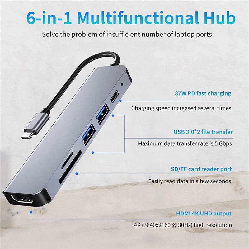 6 In 1 USB C Hub Laptop Docking Station Adapter with 87W PD Fast Charging SD TF Card Reade 4K HDMI for MacBook Pro Air Dell HP