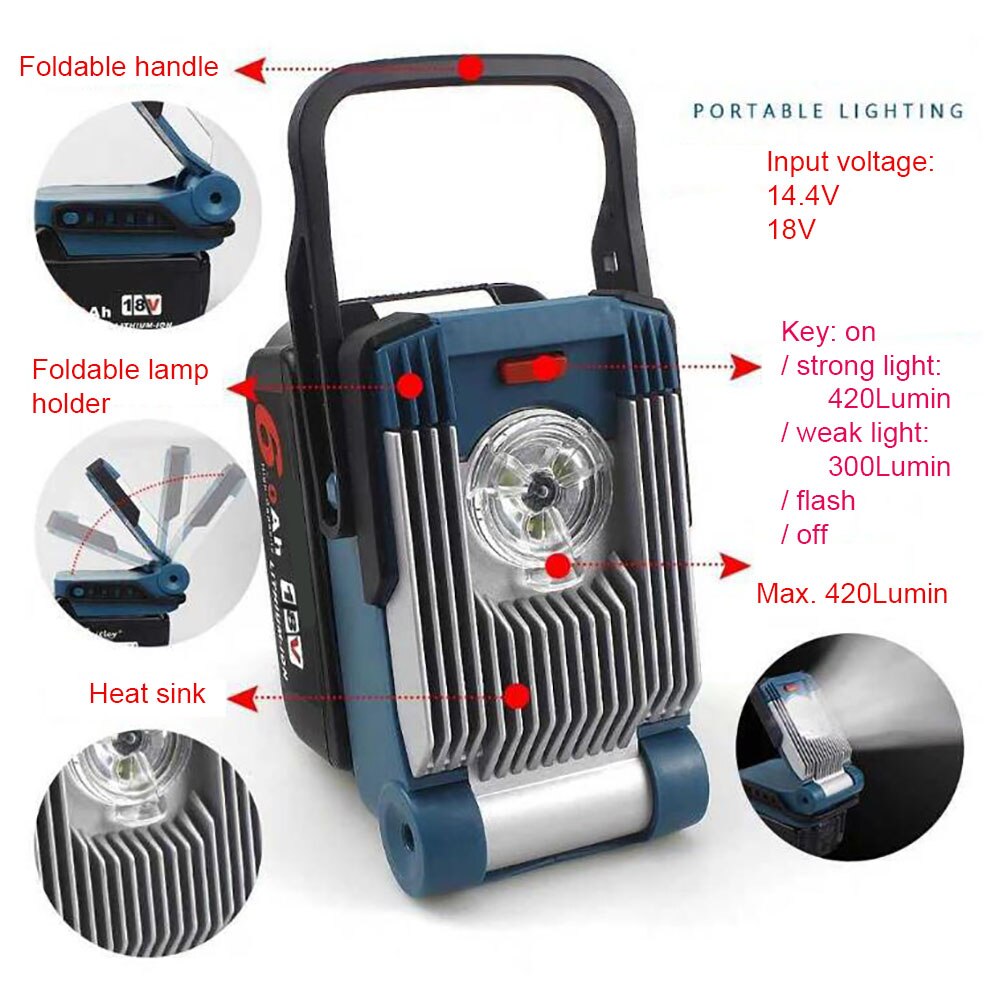 Litiumbatteri led arbejdslampe flash site advarselslampe fakler drevet af makita dewalt bosch milwaukee  m18 18v li-ion batteri