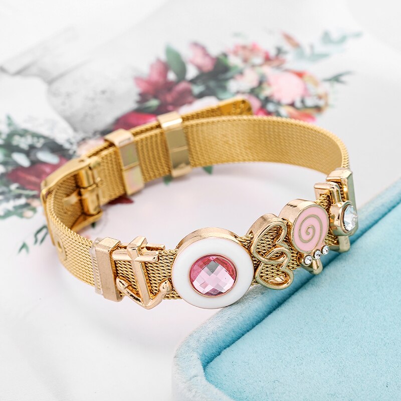Baopon roze lolly schuifbedelarmband voor dames en kinderen, roestvrij staal, hart-tot-hart mesh armband, armbanden, sieraden