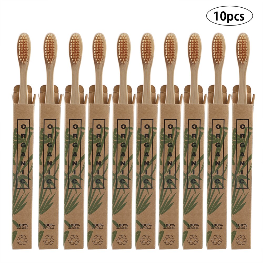 10 stk/sæt naturlig, ren bambus tandbørste blødt trækul firkantet træskaft tandbørster tandplejeværktøj: Beige