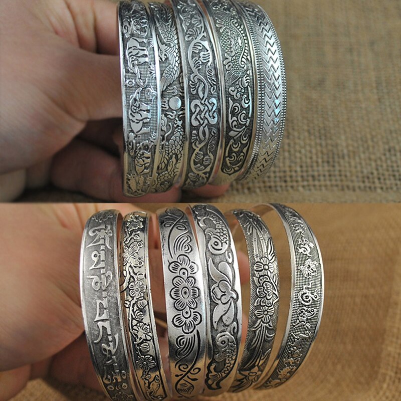 Pulseras de plata tibetanas clásicas para mujer, joyería de plata tibetana, 9 estilos