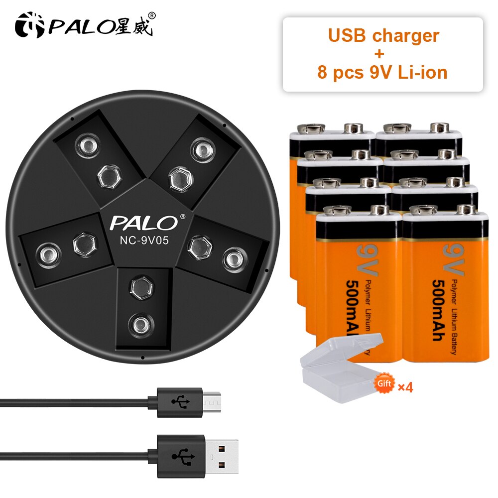 9V battery 6f22 lithium battery li-ion rechargeable battery 9v with 5 slots charger for ni-mh lithium 9v battery: 8pcs and charger