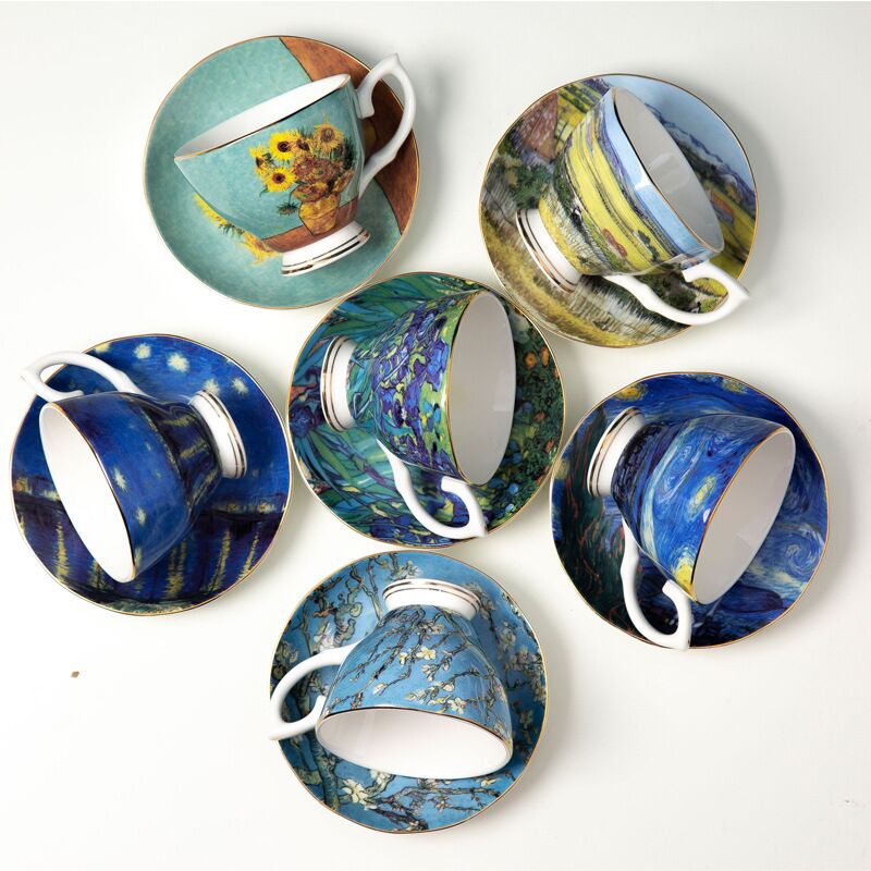 Van Gogh Coffee Cups The Starry Night Art Painting Tea cup Coffe Mugs Bone China Mug Tea Cups and Saucers Set Sunflowers