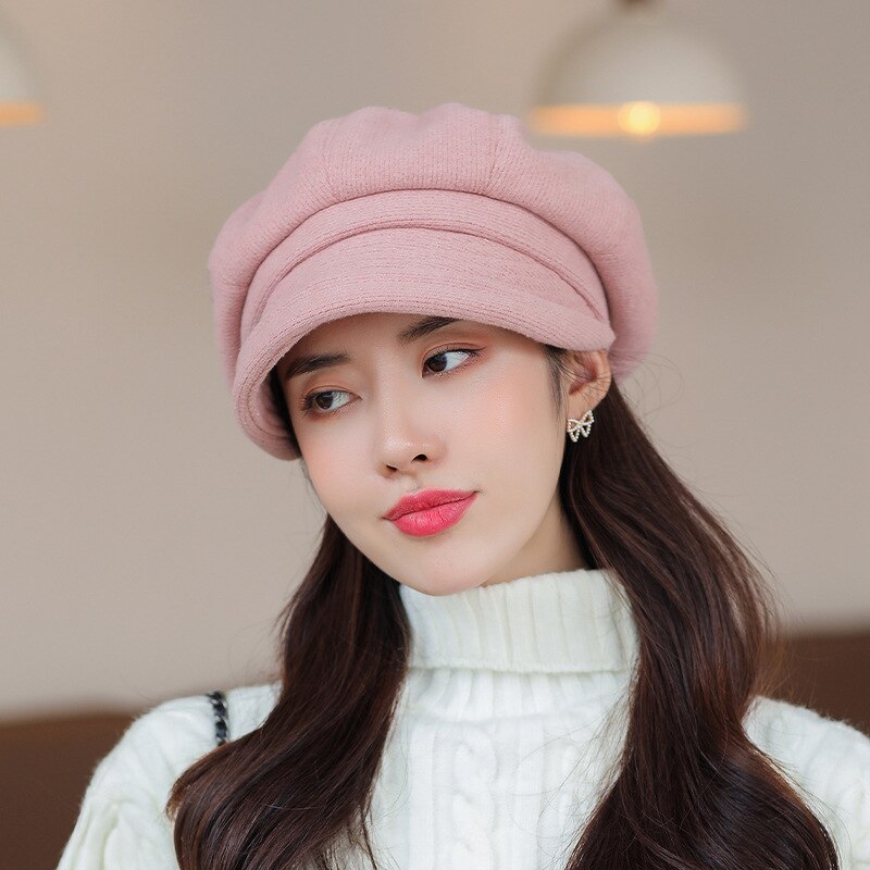 Octagonal Hat for Women Cotton Polyester Material Solid Color Retro Curled Short Brim Dome Simple and Beret Women's Hat: Pink