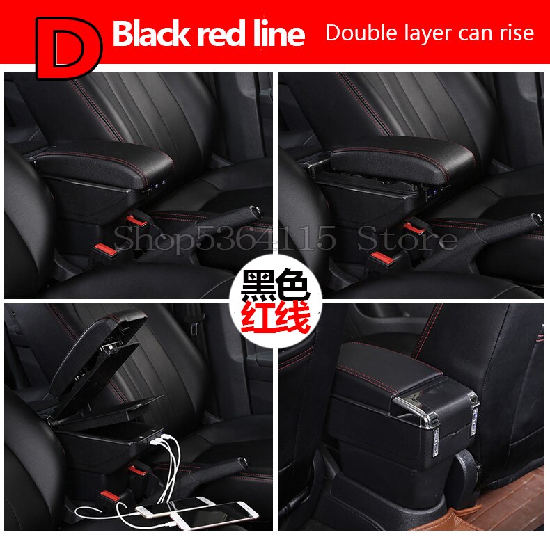 Para peugeot 207 caja de apoyabrazos carga USB aumentar doble capa almacenamiento central contenido taza soporte Cenicero Accesorios: D  black. Red line