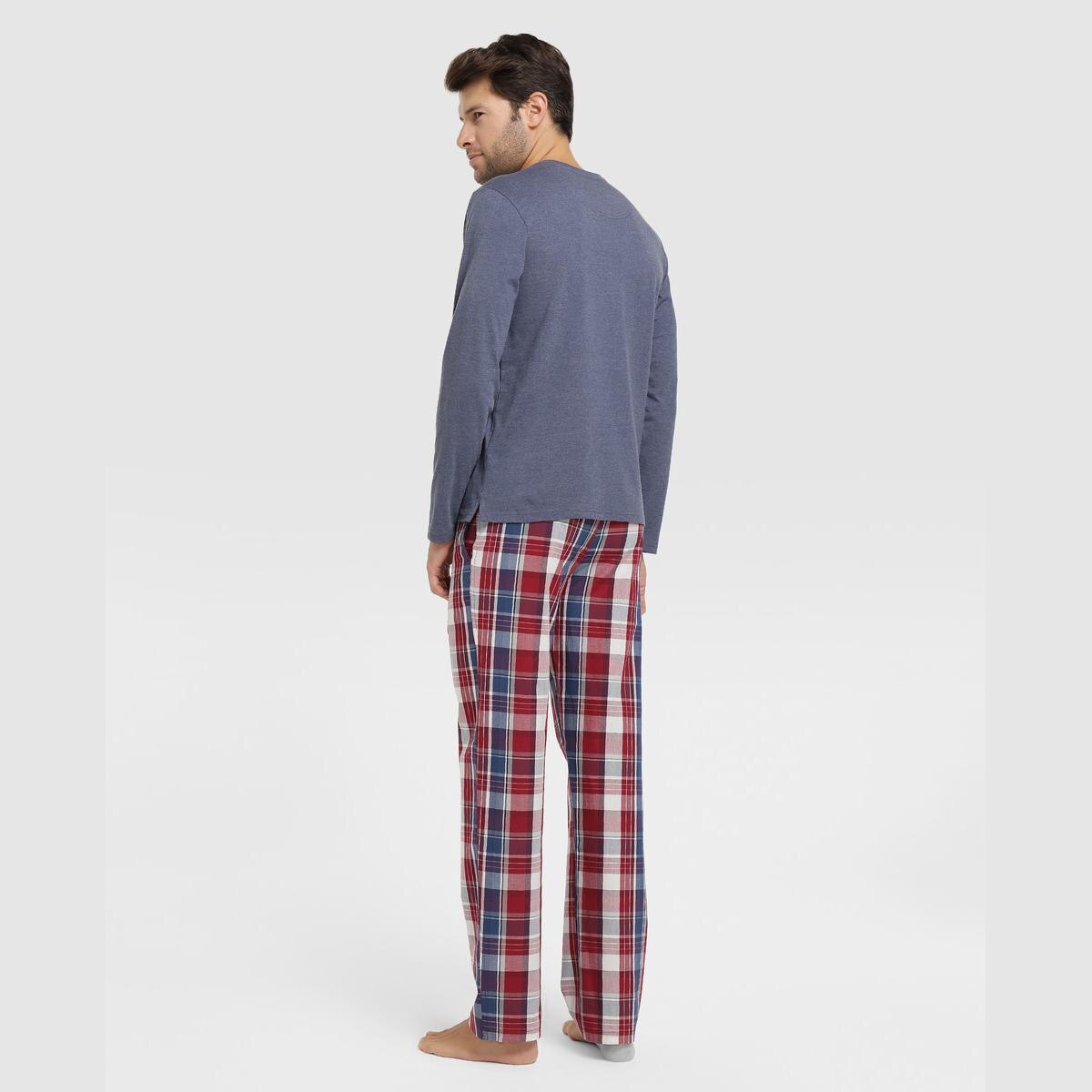 Unit - Pijamas de hombre Conjunto de Pantalón a cuadros rojo y azul y camiseta de algodón con manga larga azul, ropa para dormir