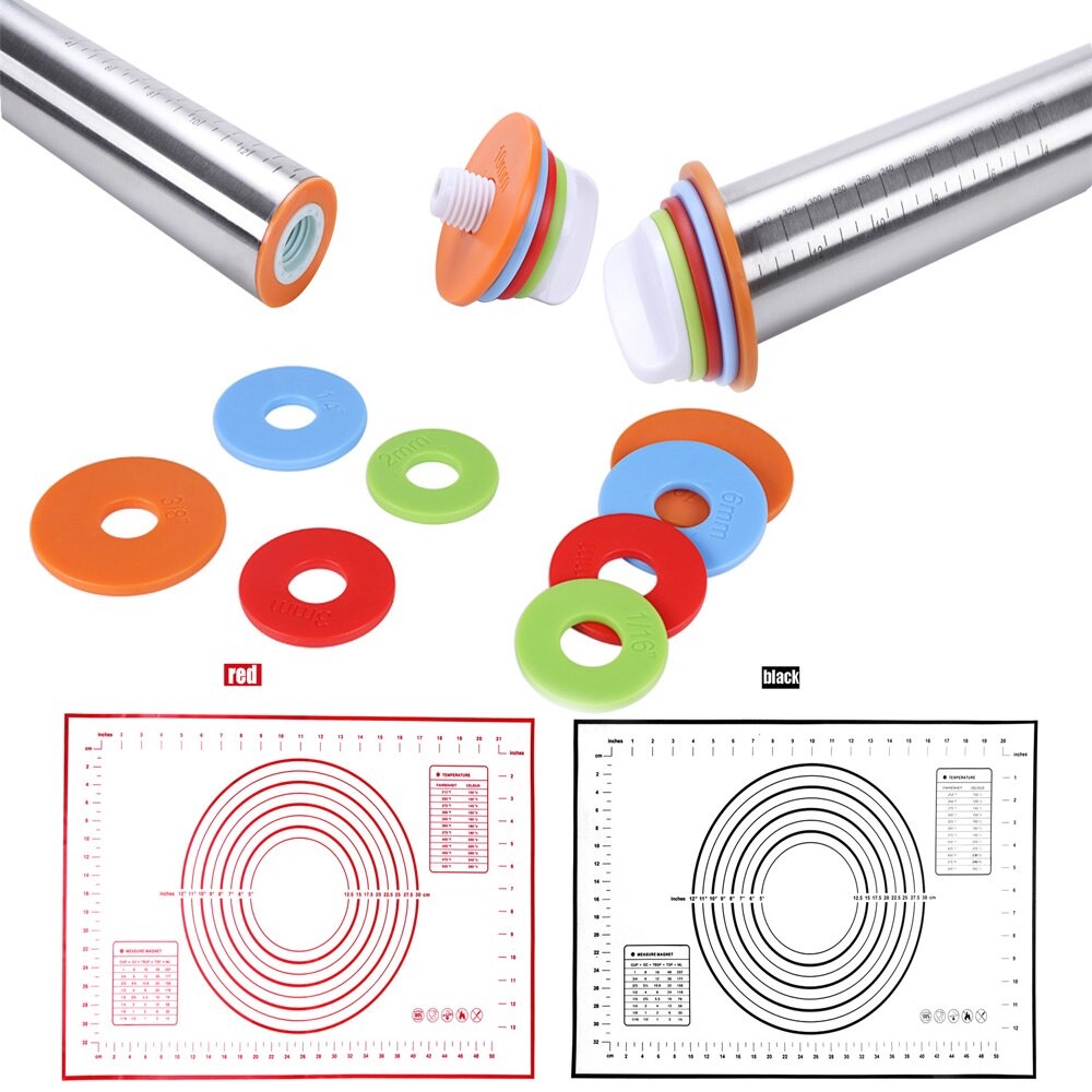 17inch Verstelbare Rvs Deegroller Met Deeg Mat Deeg Roller met 4 Verwijderbare Verstelbare Dikte Ringen