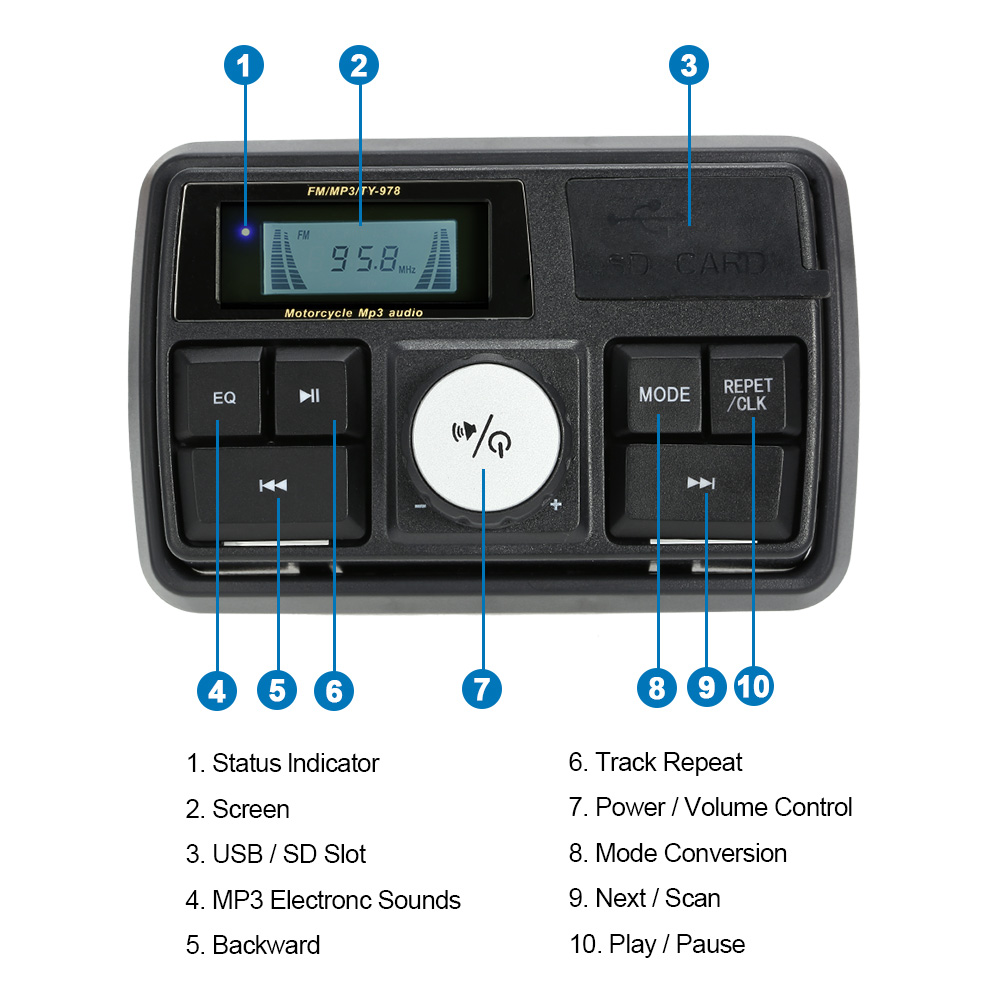 Waterproof Motorcycle Handlebar Audio Amplifier System 3" Stereo Speaker FM MP3 USB SD AUX With remote control Alarm Function
