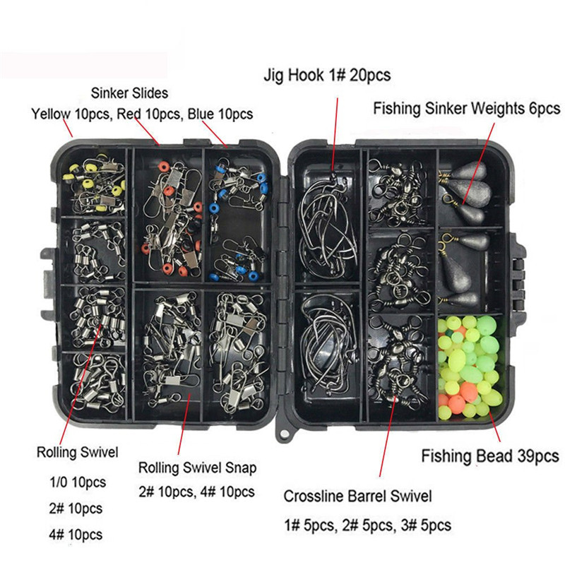 160pcs/box Fishing Accessories Kit, Including Jig Hooks Different Fishing Swivels Snaps Fishing Set with Tackle Box