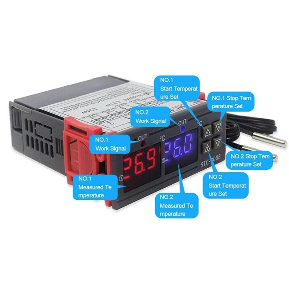 Controlador de temperatura Digital Dual STC-3008, calentador de termostato de dos salidas de relé con sonda de 12V, 24V, 220V, calor frío para refrigerador doméstico
