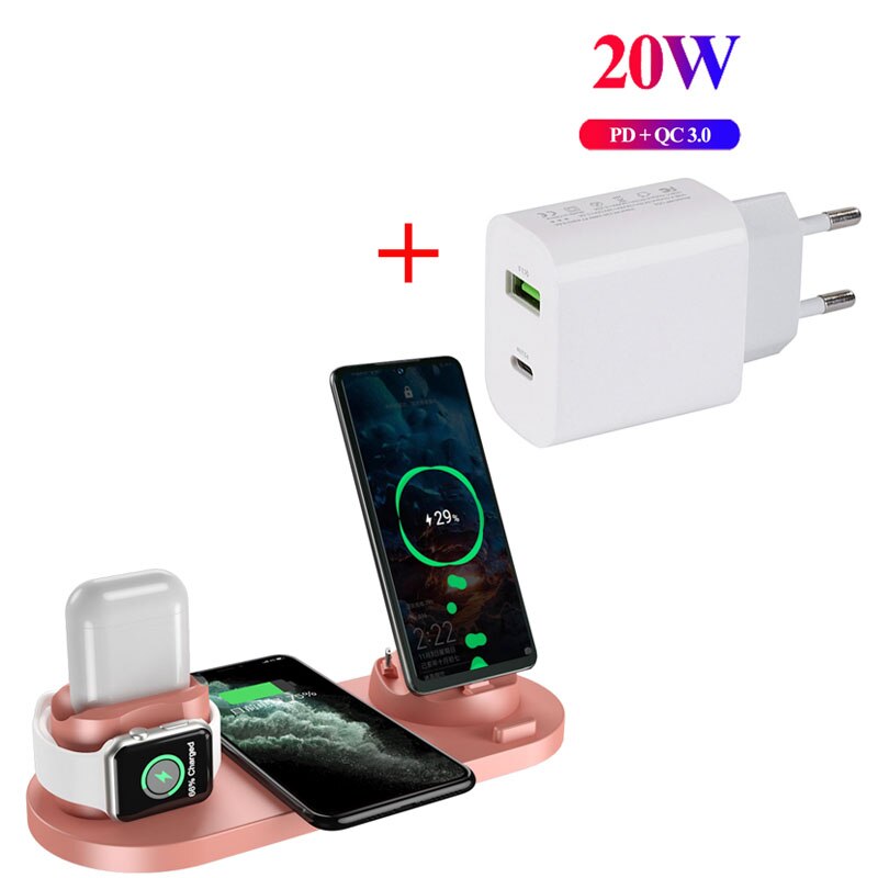 Station de charge sans fil rapide 3 en 1, pour Apple Watch 10W 6 en 1, AirPods pro iPhone 12 11, Station d&#39;accueil: Pink with Charger