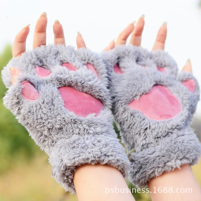 Cat Claw Gloves Winter Cute Cartoon Cat Girl Naked Gloves Thicker Fluffy Bear's Paw Half Finger Gloves