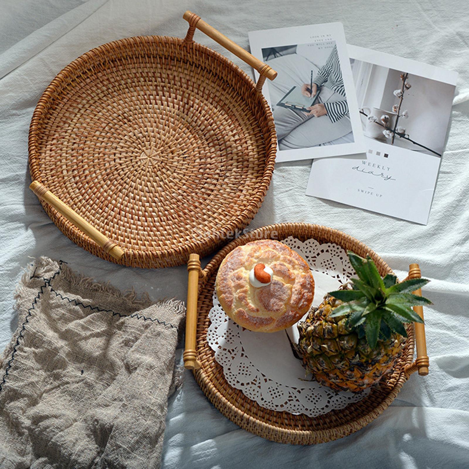 Premium Round Handwoven Basket Serving Tray with Handles Flower Drinks Snack