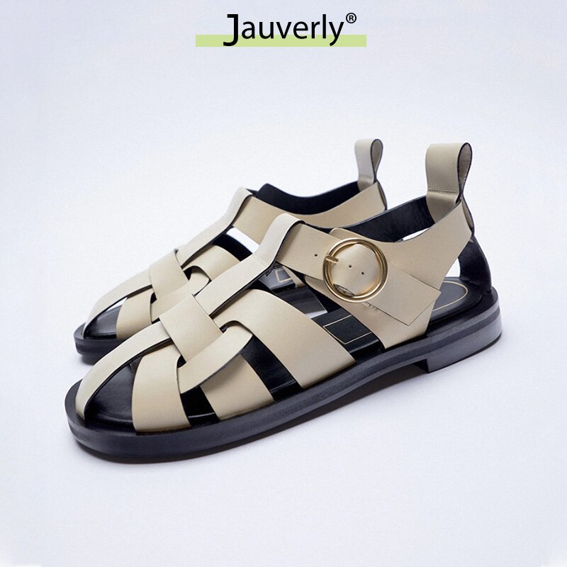 Sandalias de gladiador de cuero negro Retro para mujer, zapatos informales cerrados con tejido cruzado, zapatos planos de punta redonda para mujer, novedad de verano