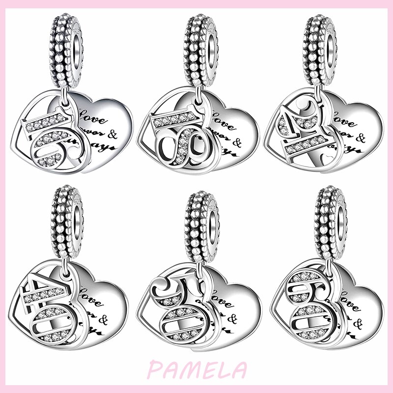 PAMELA 925 Sterling Silber Neue Arabischen Ziffern Charme 16 18 21 40 50 60 Perlen DIY Für Original Anhänger Armbinde schmuck Für Frauen