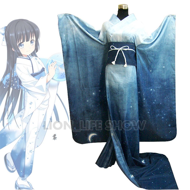 Women Japanese Traditional Blue green Furisode Long Kimono Dress Cosplay Costume outfit
