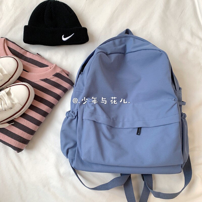 Ryggsäckar kvinnor nylon vattentäta fritidsstudenter harajuku solid dragkedja trend ins all-match mochila stor kapacitet ulzzang: Blå